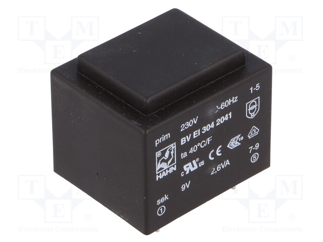 Transformer: encapsulated; 2.6VA; 230VAC; 9V; 289mA; Mounting: PCB