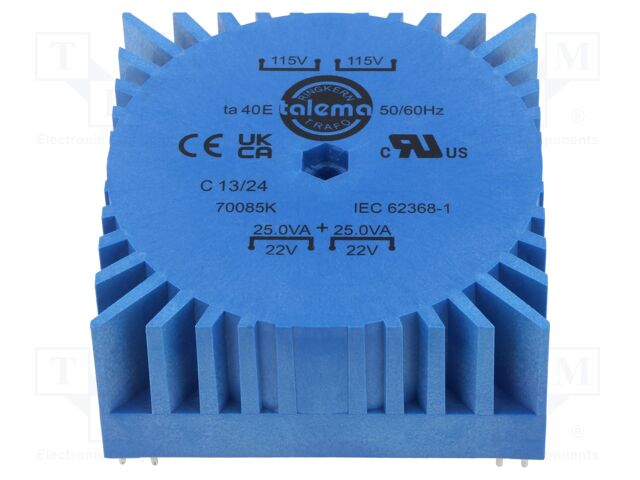 Transformer: toroidal; 50VA; 115VAC,230VAC; 22V; 22V; 86%