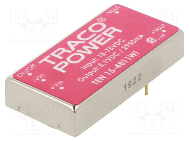Converter: DC/DC; 15W; Uin: 18÷75V; 5.1VDC; Iout: 2950mA; 2"x1"; 32g