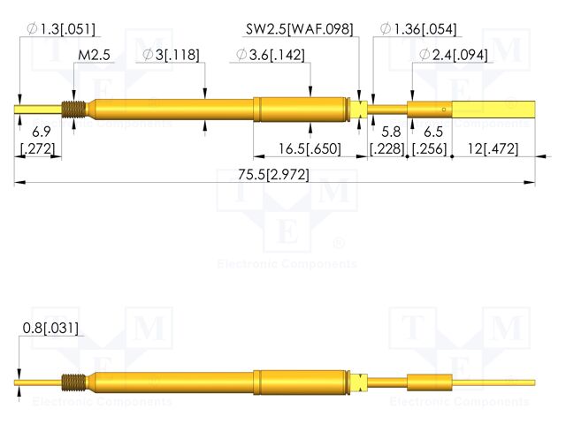 Test needle; Spring compression: 5mm; 5.5mm; 8A; steel; Ø: 2.5mm