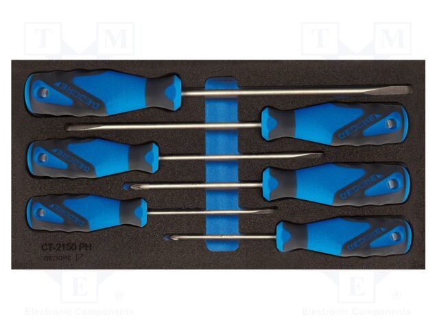 Kit: screwdrivers; in a foam tray; Pozidriv®,slot; tool trolley