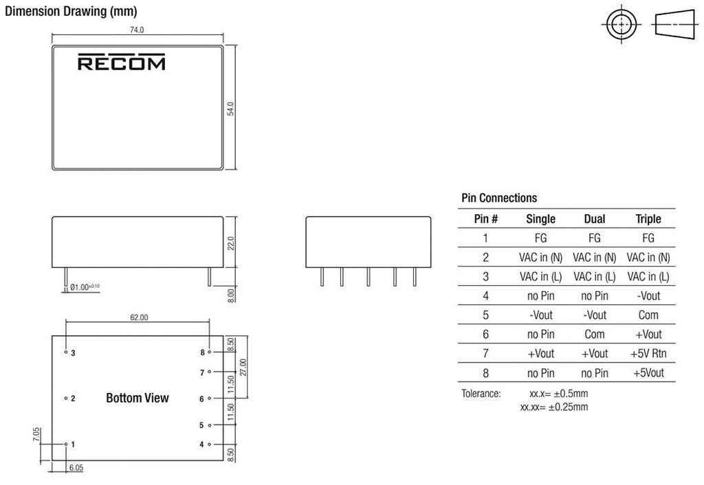 Converter: AC/DC; 15W; Uout: 5VDC; Iout: 2A; 73%; Mounting: PCB; 3000V
