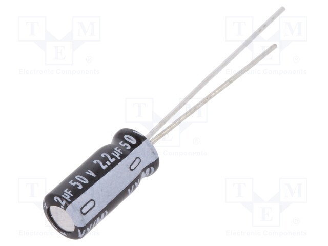 Capacitor: electrolytic; THT; 2.2uF; 50VDC; Ø5x11mm; Pitch: 2mm