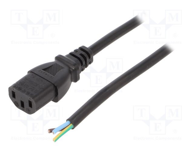 Cable; 3x0.75mm2; IEC C13 female,wires; PVC; 1.8m; black; 10A; 250V