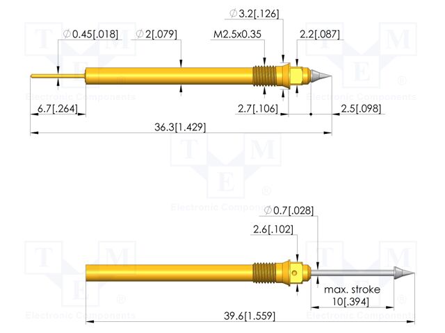 Test needle; Spring compression: 6mm; 10mm; 2A; steel; Ø: 1.5mm