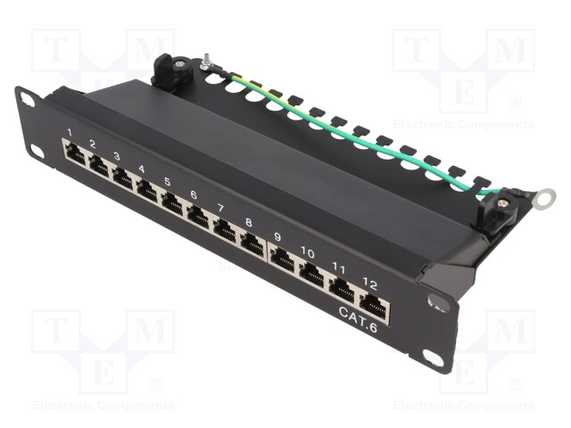 Patch panel; RJ45; Cat: 6; RACK; Colour: black; Number of ports: 12