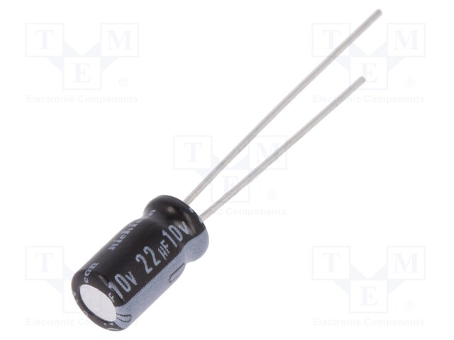 Capacitor: electrolytic; THT; 22uF; 10VDC; Ø5x9mm; Pitch: 2mm; ±20%