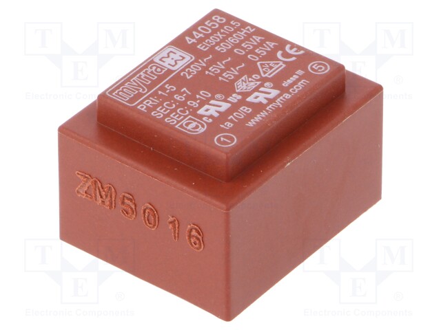 Transformer: encapsulated; 1VA; 230VAC; 15V; 15V; 33mA; 33mA