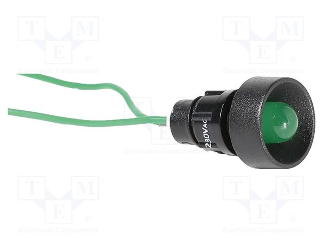 Indicator: LED; recessed; green; 230VAC; Ø10mm; IP20; cables; 330mm