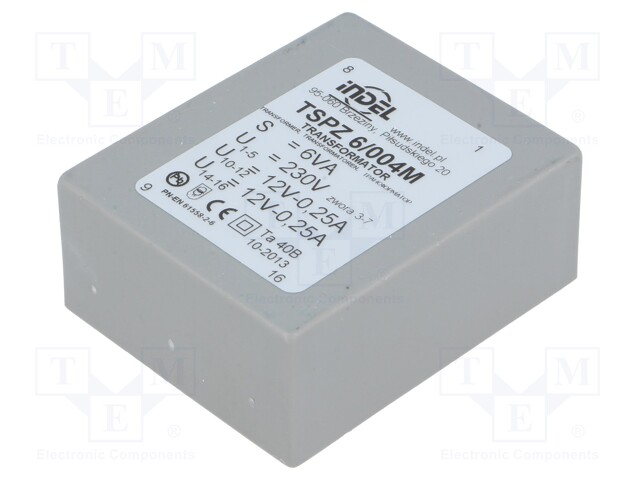 Transformer: encapsulated; 6VA; 230VAC; 12V; 12V; 0.25A; 0.25A; IP00