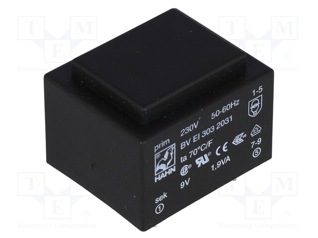 Transformer: encapsulated; 1.9VA; 230VAC; 9V; 211mA; Mounting: PCB