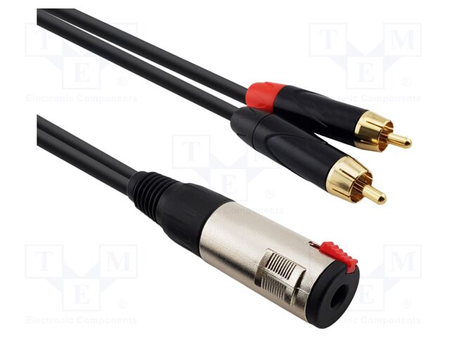 Cable; Jack 6,3mm socket,RCA plug x2; 1m; black; PVC
