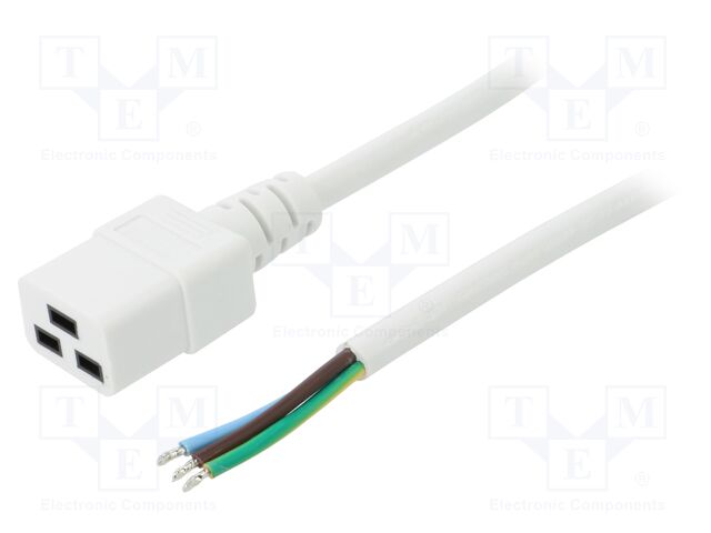 Cable; 3x1.5mm2; IEC C19 female,wires; PVC; Len: 1.5m; white; 16A