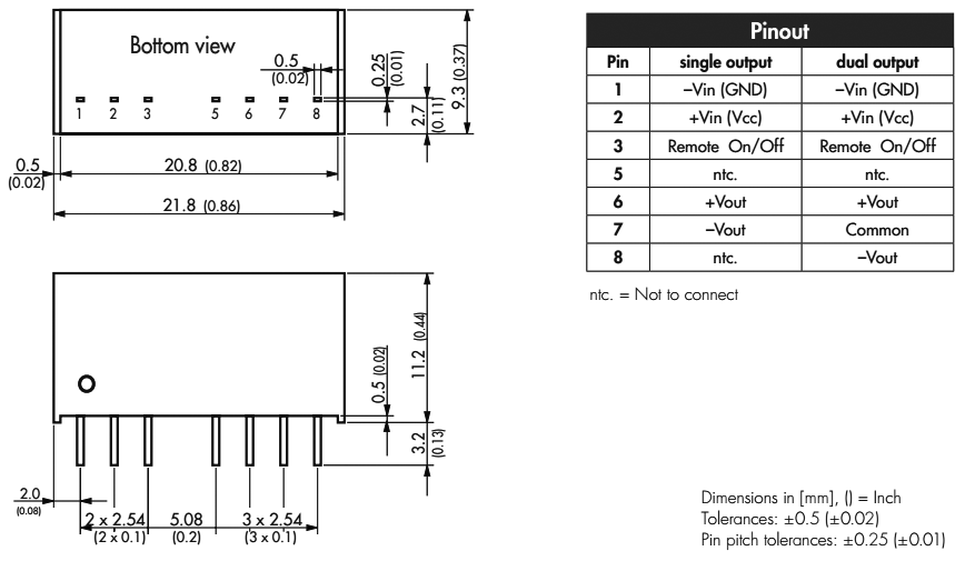 Converter: DC/DC; 3W; Uin: 4.5÷18V; 15VDC; Iout: 200mA; SIP8; 4.8g
