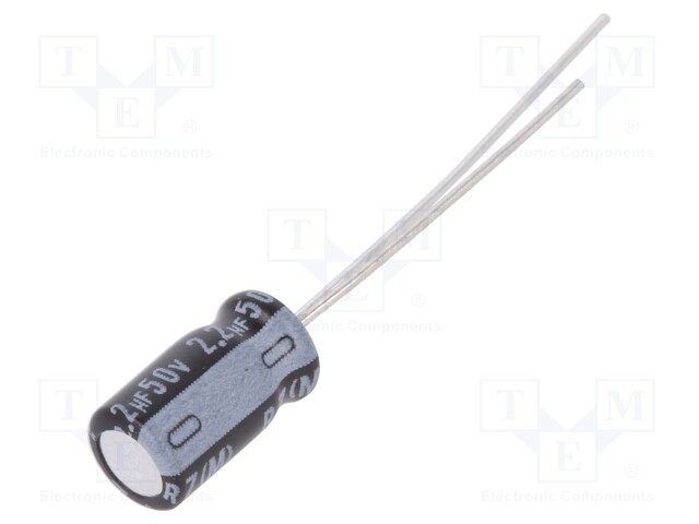 Capacitor: electrolytic; THT; 2.2uF; 50VDC; Ø5x9mm; Pitch: 2mm; ±20%