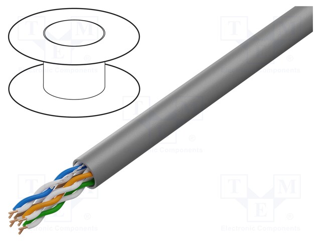 Wire; U/UTP; 4x2x24AWG; 5e; wire; CCA; PVC; grey; 305m; Øcable: 5mm