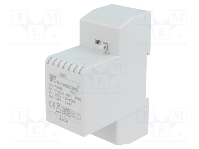 Transformer: safety; 10VA; 230VAC; 24V; IP30; Mounting: DIN