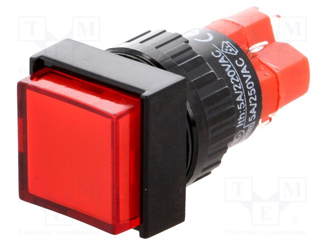 Switch: push-button; Pos: 2; SPDT; 3A/250VAC; 2A/24VDC; red; red