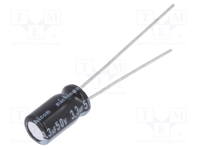 Capacitor: electrolytic; THT; 3.3uF; 50VDC; Ø5x9mm; Pitch: 2mm; ±20%