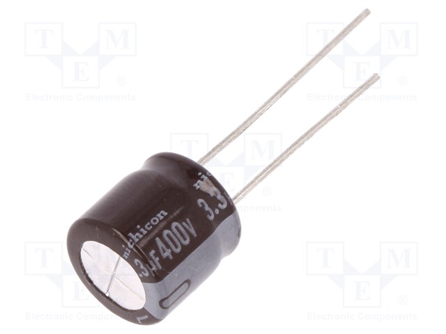 Capacitor: electrolytic; THT; 3.3uF; 400VDC; Ø10x9mm; Pitch: 5mm