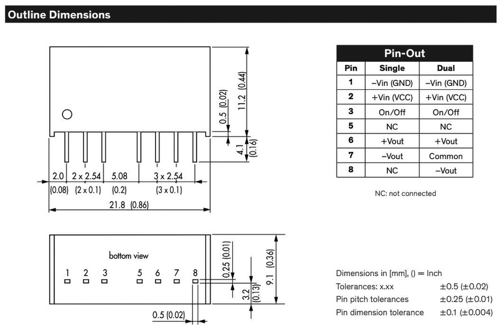 Converter: DC/DC; 3W; Uin: 4.5÷18V; 3.3VDC; Iout: 700mA; SIP8; 4.5g