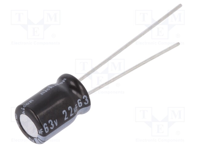 Capacitor: electrolytic; THT; 22uF; 63VDC; Ø6.3x9mm; Pitch: 2.5mm