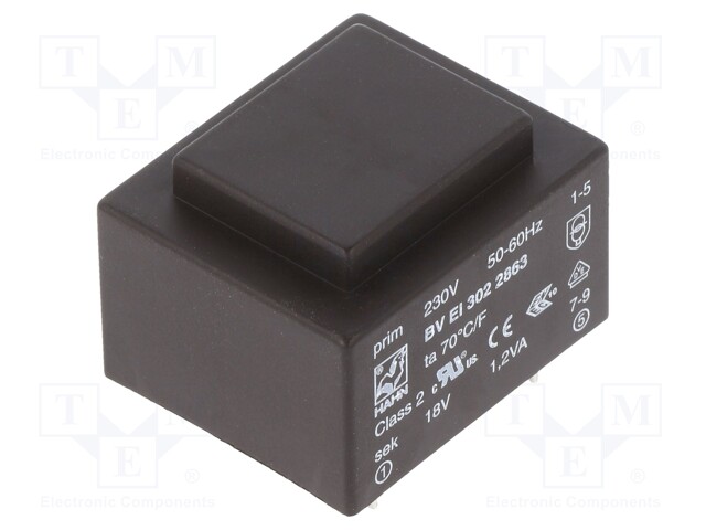 Transformer: encapsulated; 1.2VA; 230VAC; 18V; 67mA; Mounting: PCB
