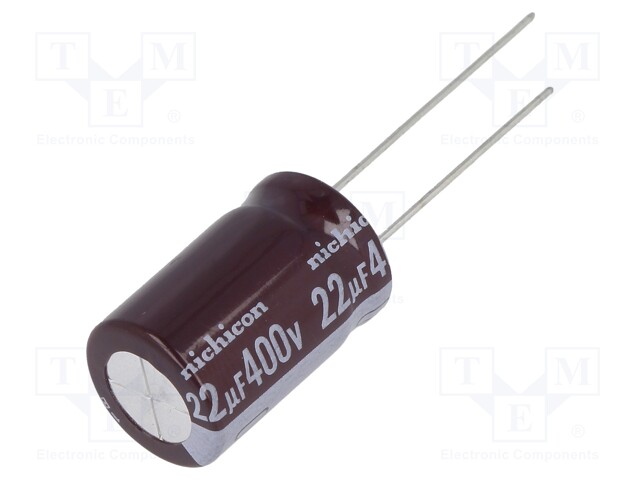 Capacitor: electrolytic; THT; 22uF; 400VDC; Ø12.5x20mm; Pitch: 5mm