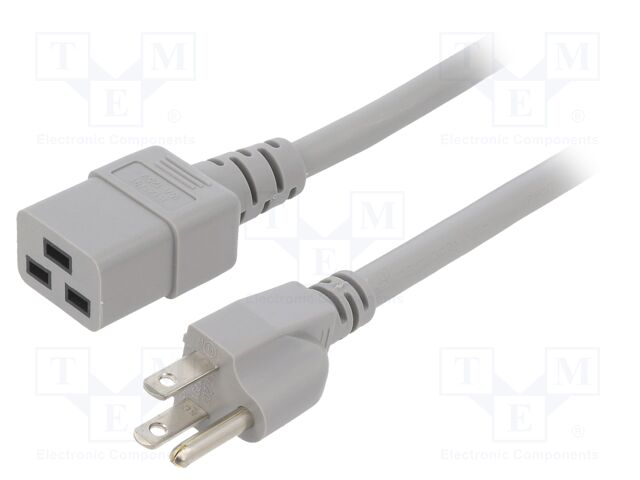 Cable; 3x14AWG; IEC C19 female,NEMA 5-15 (B) plug; PVC; 2m; grey