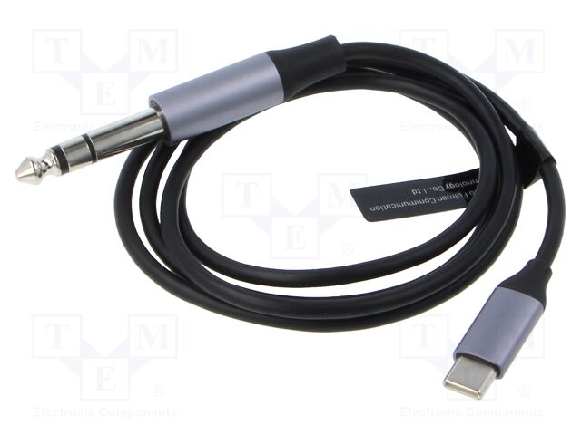 Cable; Jack 6,3mm 3pin plug,USB C plug; nickel plated; 1m; black