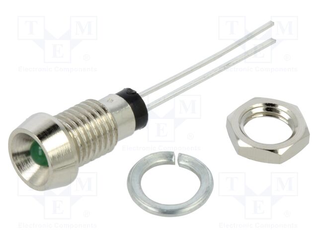 Indicator: LED; recessed; green; 2.1VDC; Ø6mm; metal; ØLED: 3mm; 2mcd