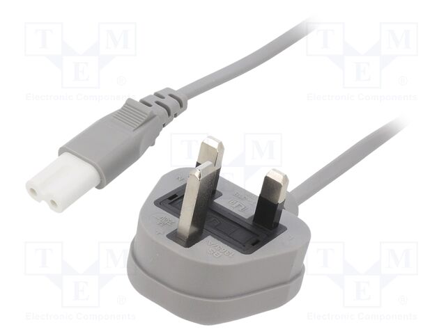 Cable; BS 1363 (G) plug,IEC C7 female; PVC; 5m; grey; 2x0,75mm2