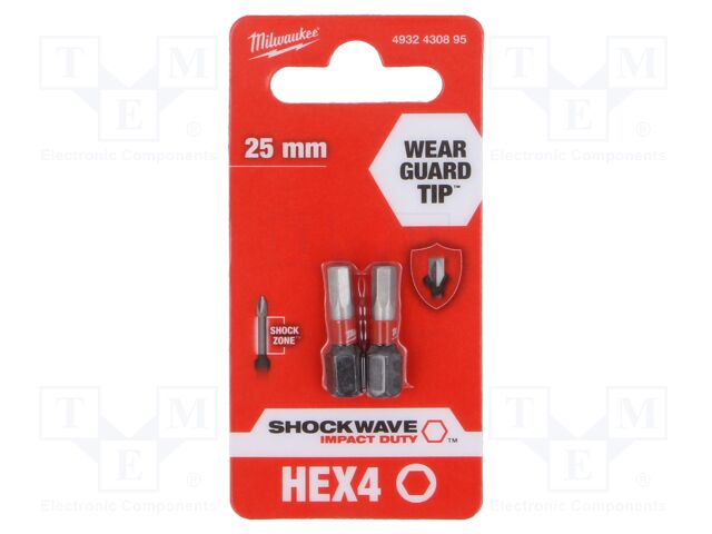 Screwdriver bit; hex key; HEX 4mm; Overall len: 25mm; 2pcs.