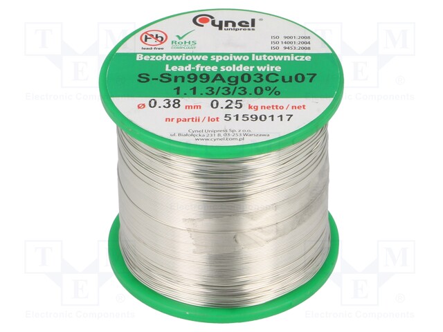 Soldering wire; Sn99Ag0,3Cu0,7; 380um; 250g; lead free; 216÷227°C