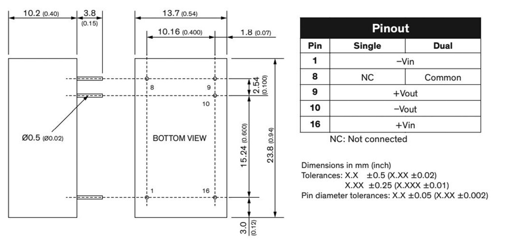 Converter: DC/DC; 15W; Uin: 36÷75V; Uout: 12VDC; Uout2: -12VDC; DIP16