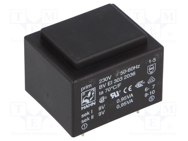 Transformer: encapsulated; 1.9VA; 230VAC; 9V; 9V; 105mA; 105mA; 81g