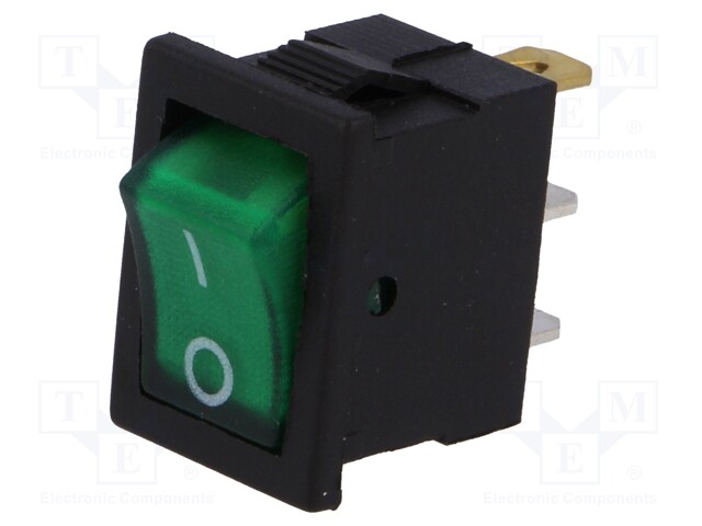 ROCKER; SPST; Pos: 2; OFF-ON; 3A/250VAC; green; neon lamp; 35mΩ