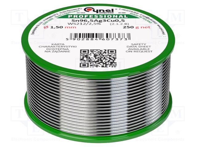 Tin; lead free; Sn96,5Ag3Cu0,5; 1.5mm; 250g; reel; 217÷220°C; 2.5%