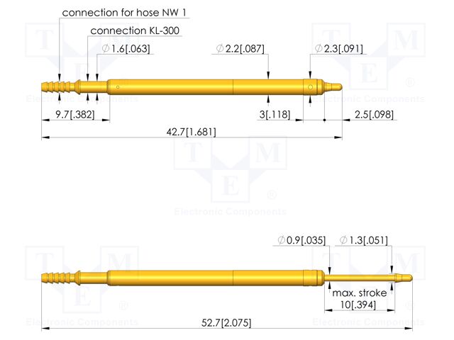Test needle; Spring compression: 6mm; 10mm; 2A; steel; gold-plated