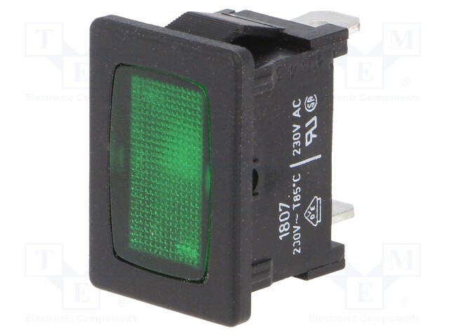 ROCKER; DPST; Pos: 2; OFF-ON; 12A/250VAC; green; IP40; LED; 100mΩ
