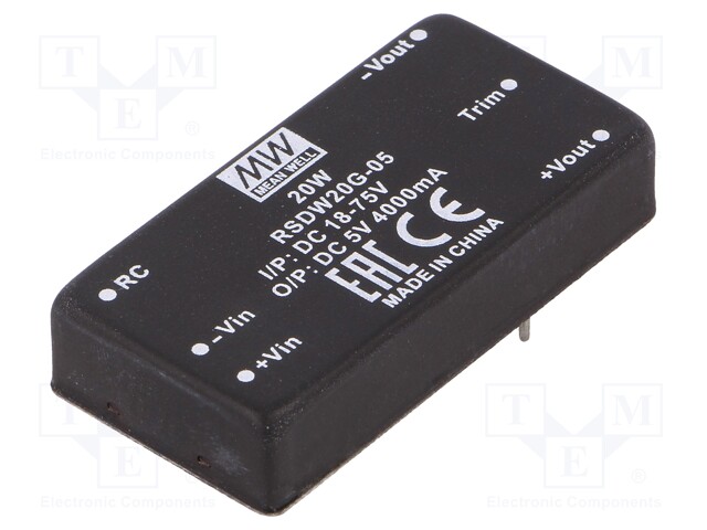 Converter: DC/DC; 20W; Uin: 18÷75V; 5VDC; Iout: 4000mA; 2"x1",DIP