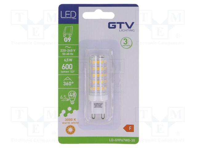 LED lamp; warm white; G9; 230VAC; 600lm; 6.5W; 360°; 3000K
