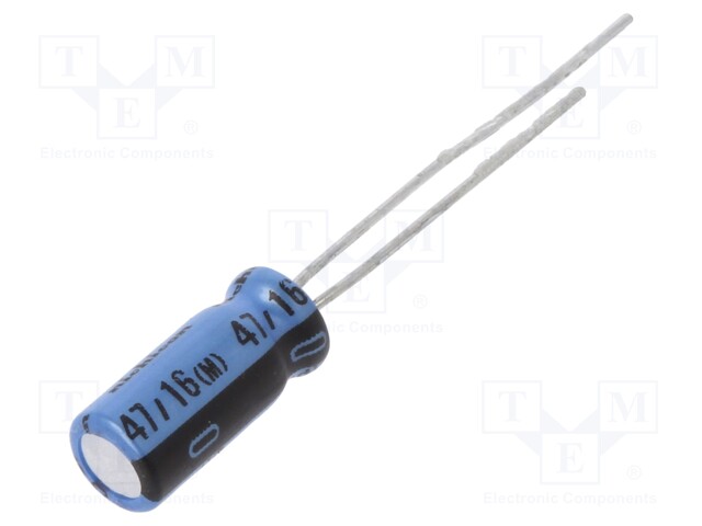 Capacitor: electrolytic; THT; 47uF; 16VDC; Ø5x11mm; Pitch: 2mm; ±20%