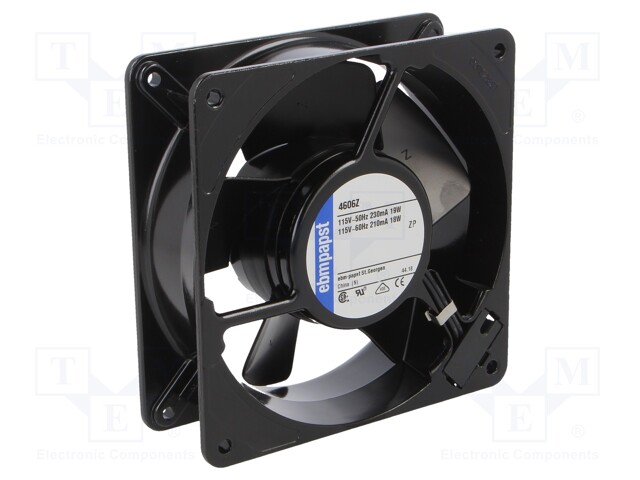 Fan: AC; axial; 115VAC; 119x119x38mm; 180m3/h; 45dBA; ball bearing