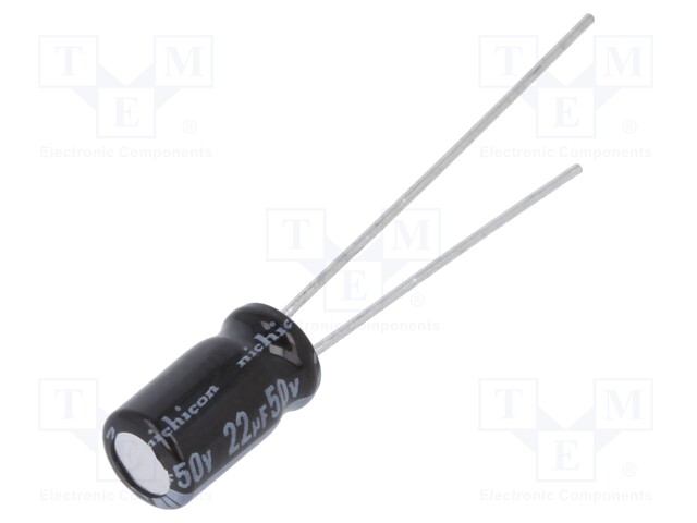 Capacitor: electrolytic; THT; 22uF; 50VDC; Ø5x9mm; Pitch: 2mm; ±20%