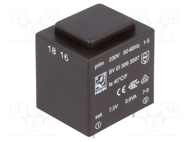 Transformer: encapsulated; 3.6VA; 230VAC; 7.5V; 480mA; 135g