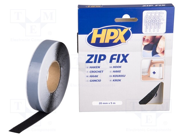 Tape: velcro; W: 20mm; L: 5m; D: 2.1mm; synthetic rubber; black