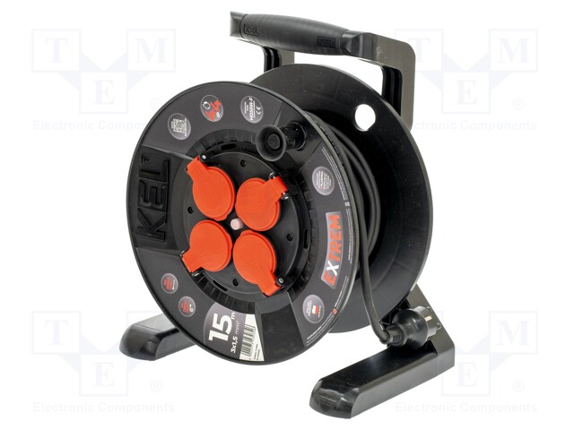 Extension lead; reel,with non-rotating sockets; Sockets: 4; 15m