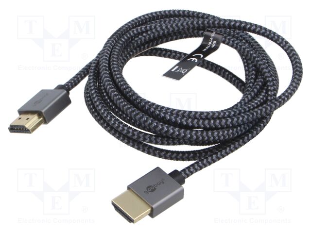 Cable; HDMI plug,both sides; PVC; textile; 2m; black-grey; silver