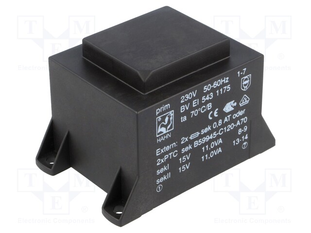 Transformer: encapsulated; 22VA; 230VAC; 15V; 15V; 734mA; 734mA